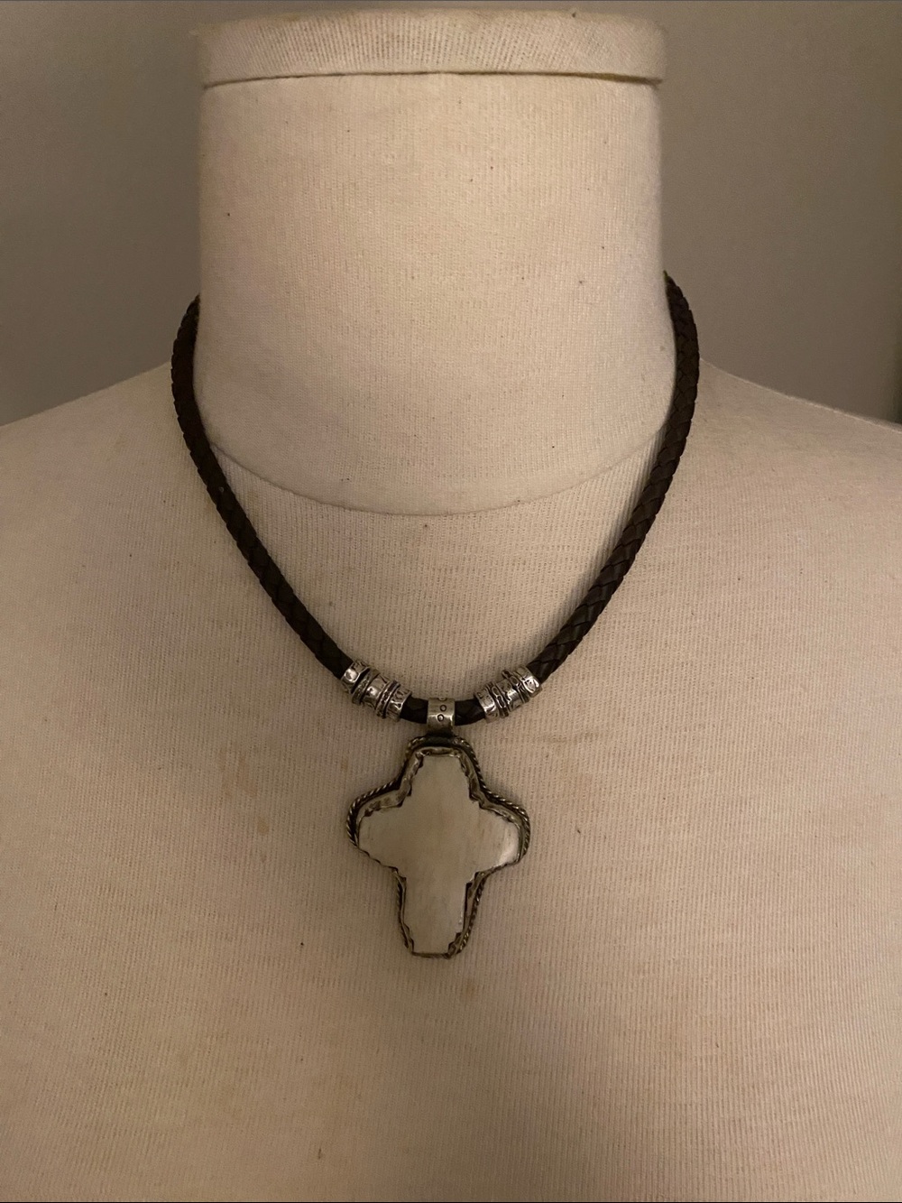 JW Designs Southwestern Brown Braided Leather Necklace with White Cross Pendant